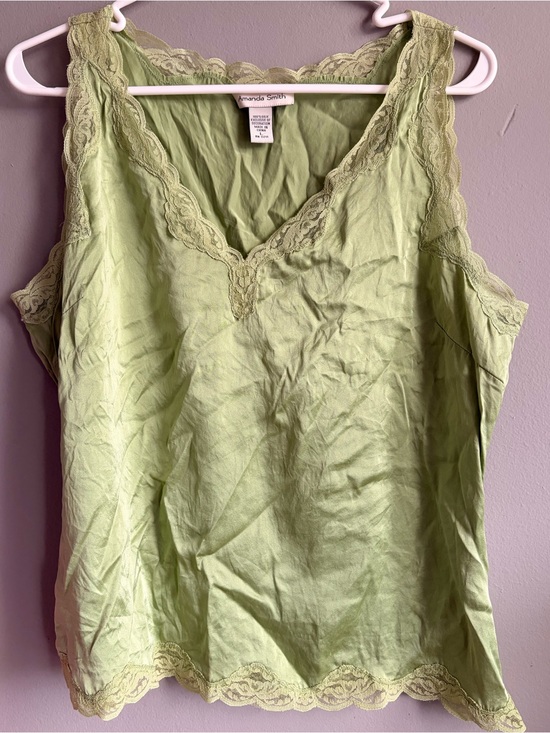 Amanda Smith Tops - Amanda Smith silk  Light Lime Lace-Trim V-Neck Camisole